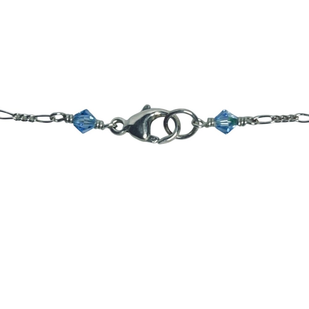 Sterling Silver Figaro Chain Necklace W/Blue Crystal Beads & Heart Pendant (5820 - Picture 6 of 6